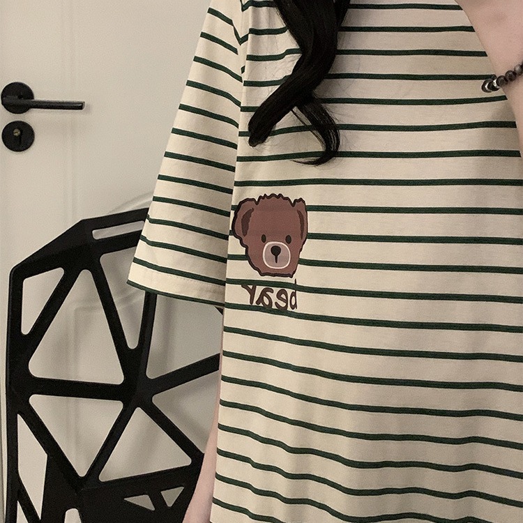 Pijamas de verano para mujeres nuevas rayas simples dulces caricaturas osos sueltos estudiantes ropa de hogar pijamas de cabello