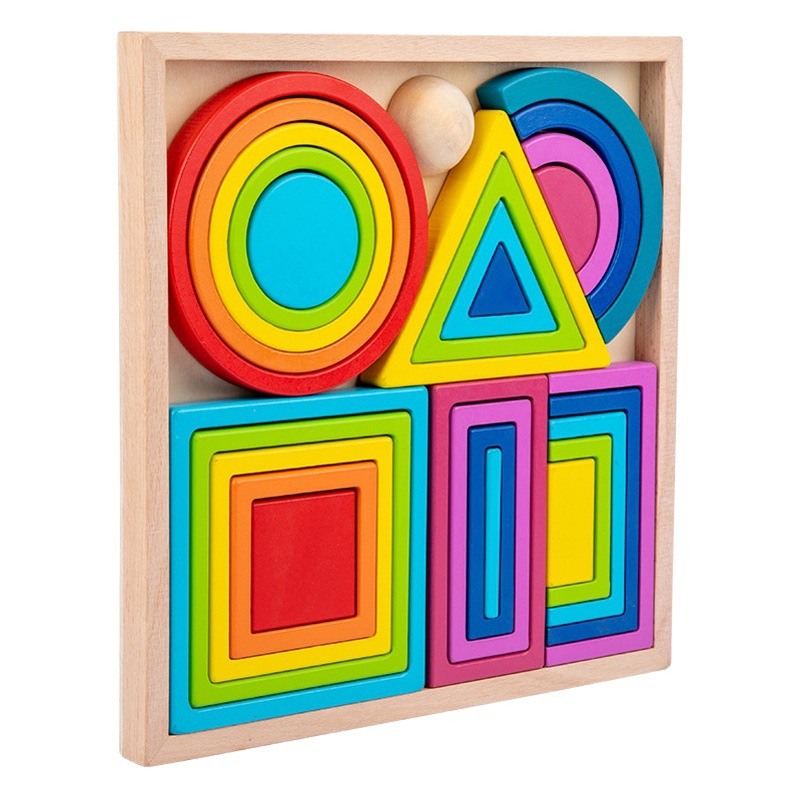 Caja de madera geométrica forma arco iris bloques de construcción educación temprana de los niños montaje variedad combinación montón música juguetes educativos al por mayor