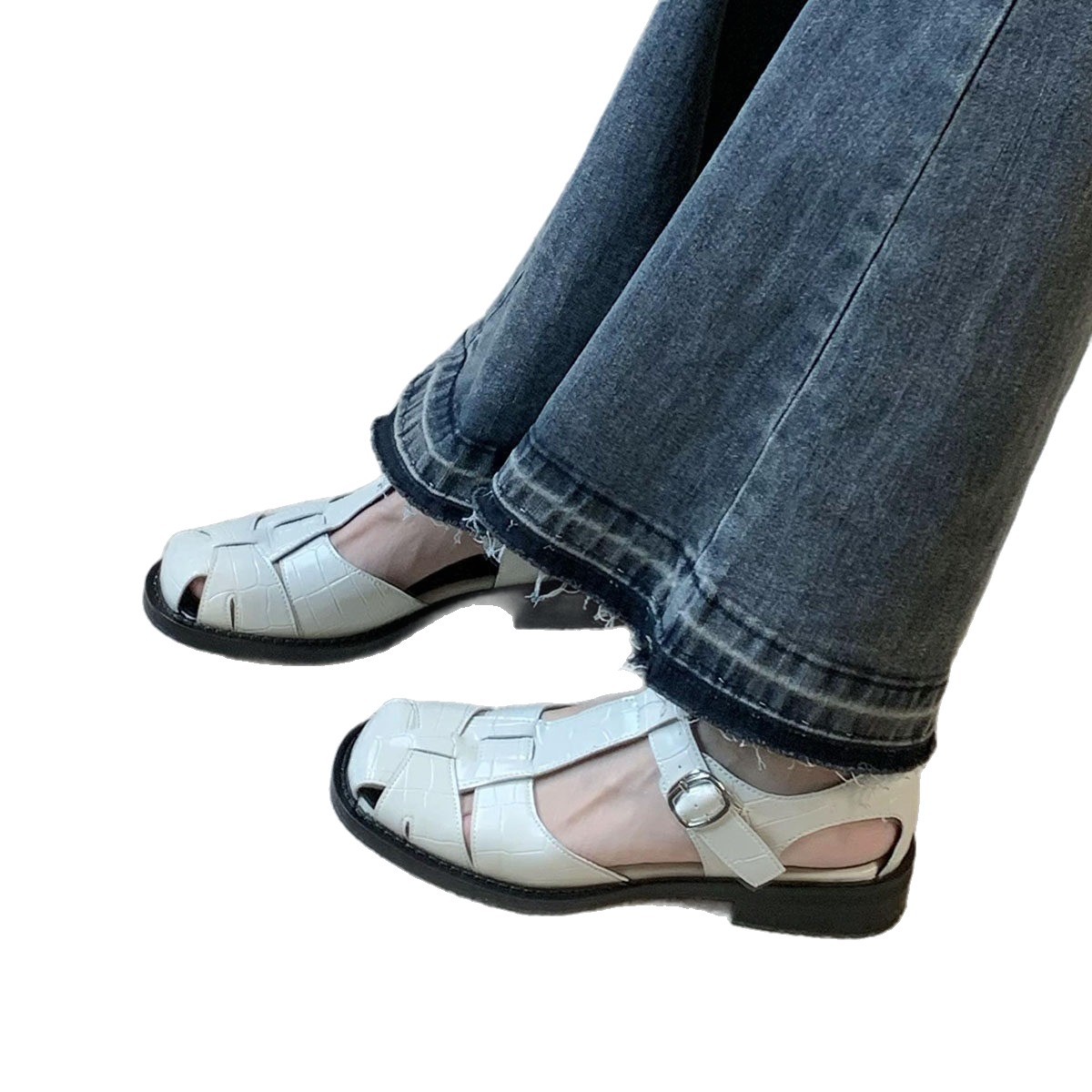 Sandalias Romanas de Tacón Ancho de Piel de Oveja Caladas para Mujer image 5