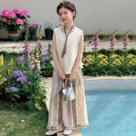女童超好看无袖套装夏2026新款女大童波西米亚蕾丝背心阔腿裤夏装