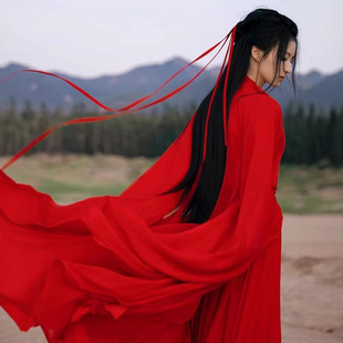 Red Wei and Jin Style Hanfu for Women, Elegant and Super Fairy Costume, Large-Sleeved Shirt, Ancient Style Wide-Sleeved Fairy Skirt