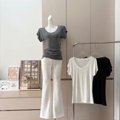 天糸ウール半袖tシャツ女性夏2025新型ゆるい薄いタイプのvネックが痩せている上着