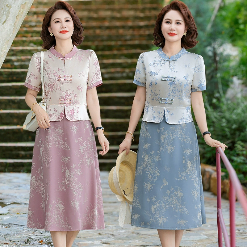 Летний китайский костюм для мамы, платье, темперамент, для похудения среднего и пожилого возраста, новый стиль, простая искусственная юбка из двух частей, летнее платье