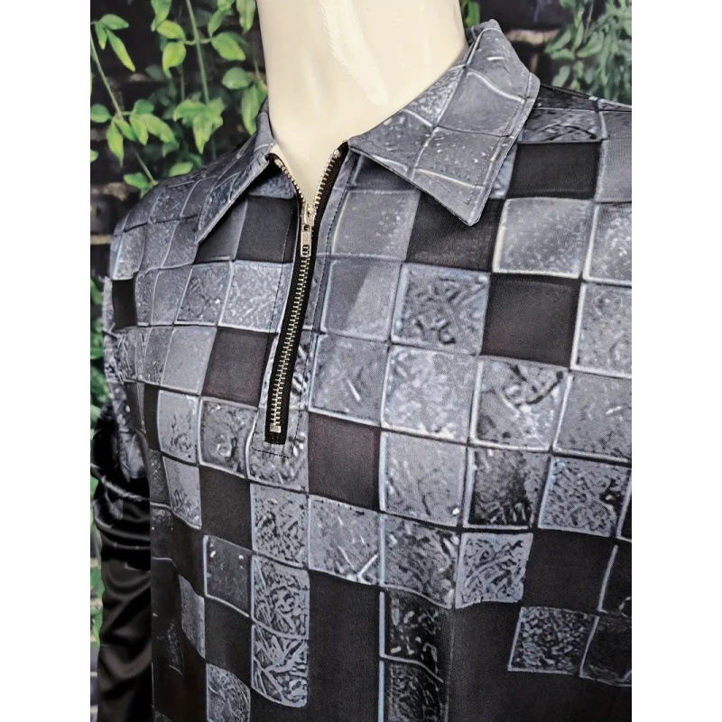 2024 venta caliente geométrico metal sensación cuadrado estampado 3D hombres primavera y otoño manga larga suelta transpirable cremallera POLO camisa