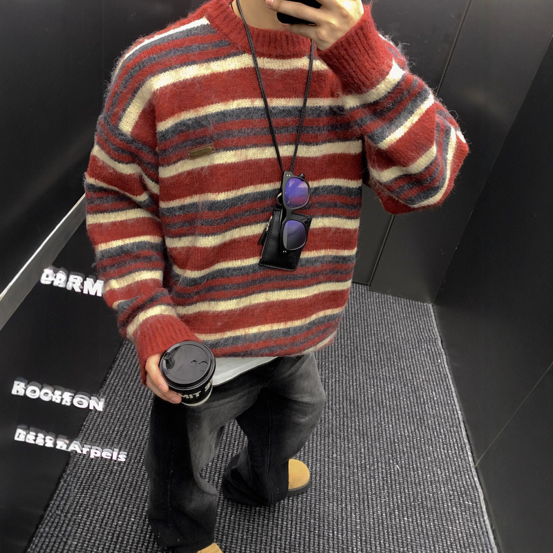 American Retro Striped Color-Block Round Neck Loose Mohair Sweater for Men and Women, Lazy Autumn and Winter Knit Base Shirt Trendy