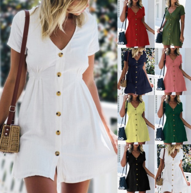 2021 Spring and Summer New Women's Solid Color V-neck Slim Fit Single Row Button High Waist Dress Women 18 Spot