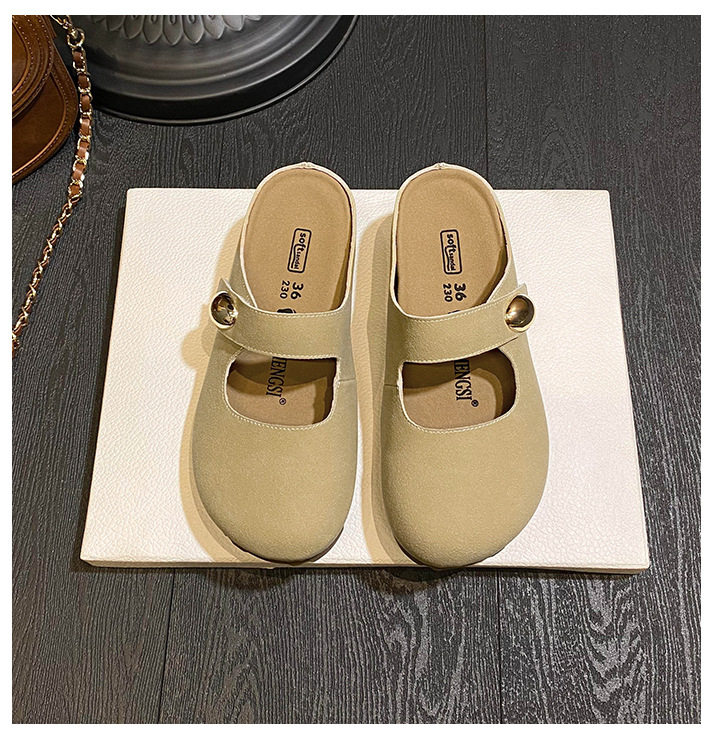 Dép nửa gót Mary Jane nữ mũi tròn mềm mại, đế dày tăng chiều cao 5 cm — Kaki (nửa kéo), Màu vàng (nửa dép) chi tiết 37