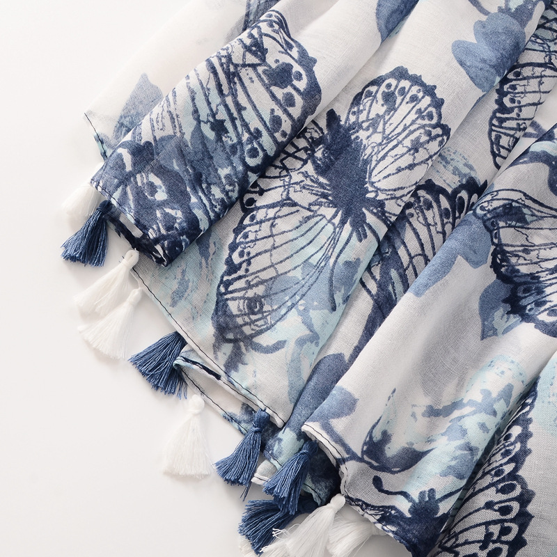 Estilo coreano caliente-Venta de algodón y lino sensación bufanda representación tinta pintura mariposa impresión borla bufanda viaje protector solar Toalla de playa
