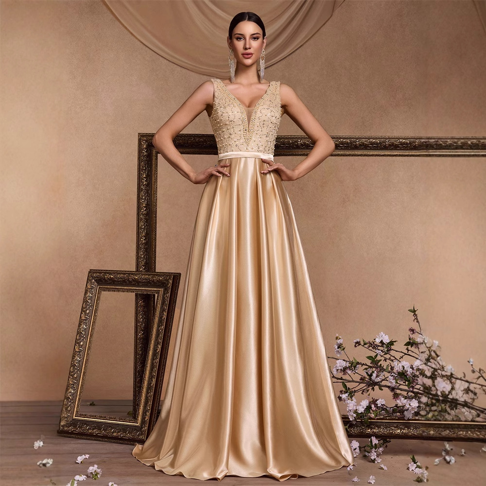 New European and American Bubble Bead Splicing Satin Long-Sleeved V Neck Large A-Hem Ladies Elegant Dinner Prom Dress