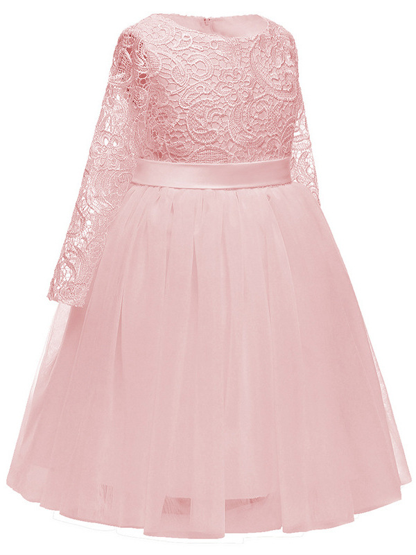 Vestido de niña para boda, de encaje, manga larga, con flores, estilo princesa, con lazo de malla, de Amazon Cross-Border.