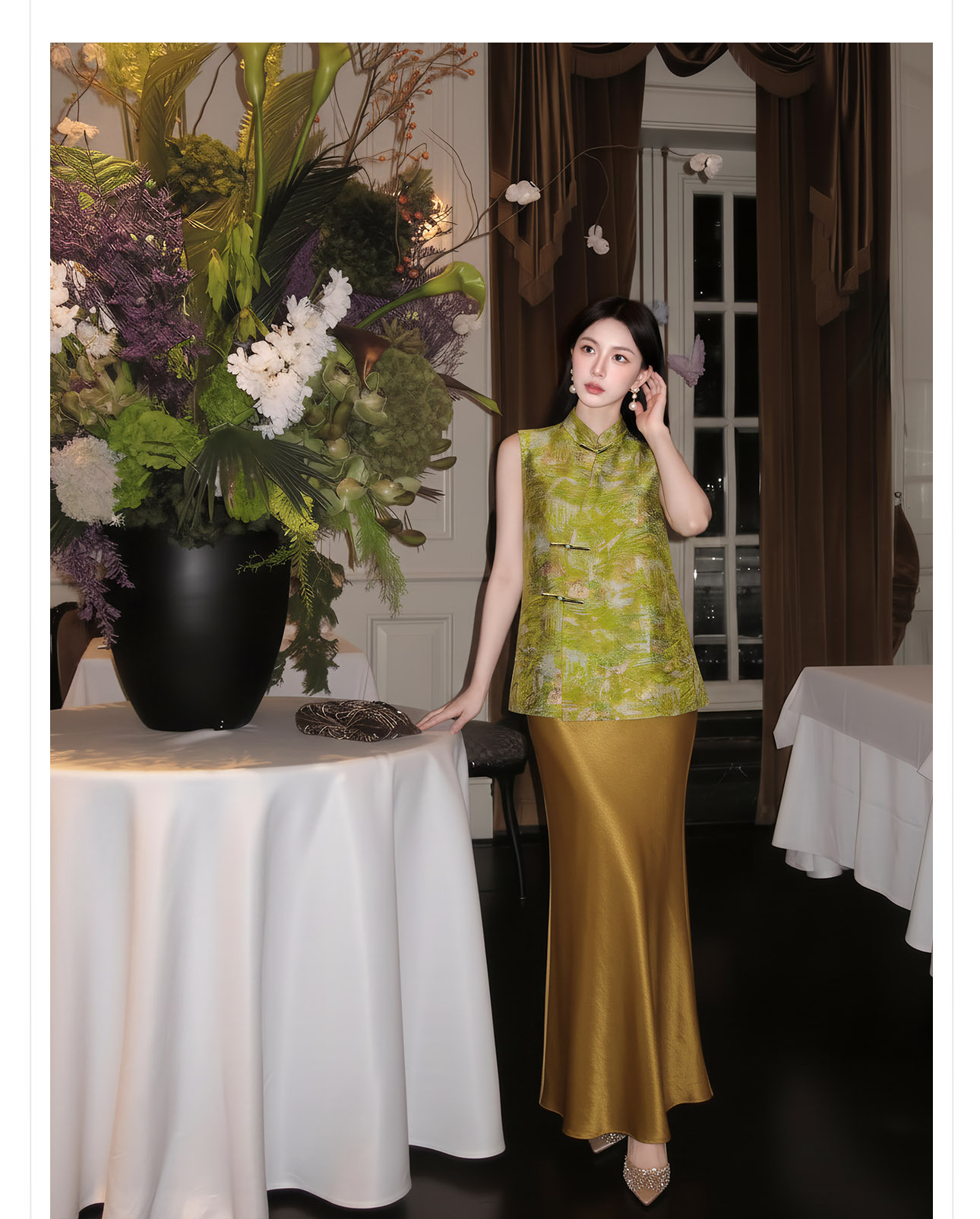 Áo hai dây nữ phong cách Trung Hoa thêu hoa, cúc bấm, chất liệu satin mềm mại — Xanh lá cây nhạtcolor chi tiết 5