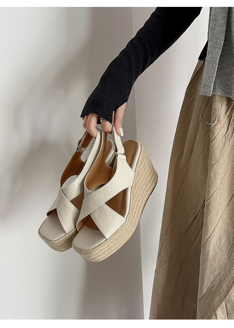 Sandal cao gót nữ hở mũi phong cách Pháp quai chéo da bò, đế xuồng cao gót 9 cm, đế platform 3 cm — màu nâu, màu đen, màu trắng ngà chi tiết 15