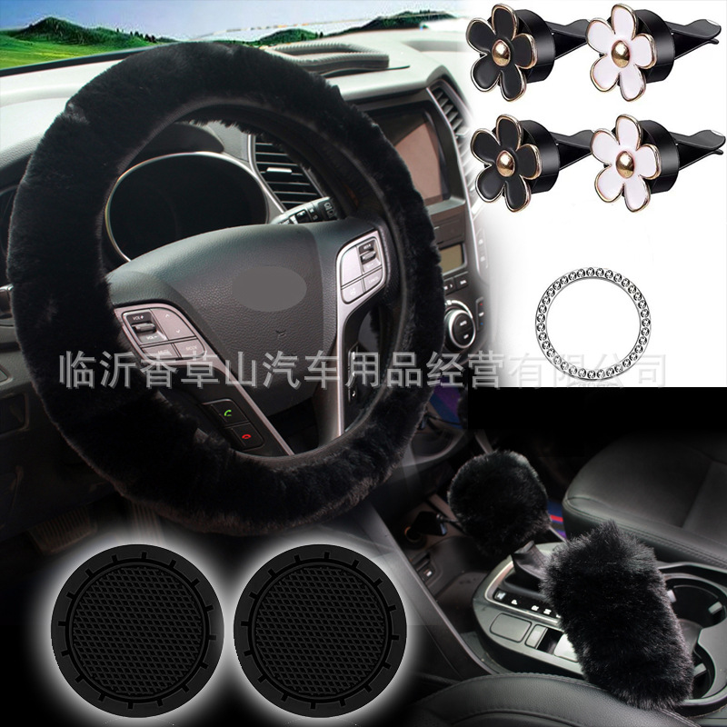 Cubierta del volante del coche transfronterizo invierno lindo felpa universal elástico cubierta de la manija del coche freno de mano accesorios del traje image 4