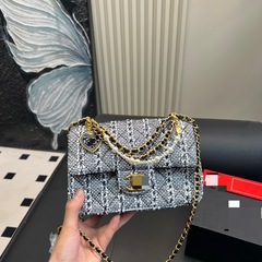 韩版小香风链条包毛呢珍珠CF女包格纹单肩包洋气百搭斜挎包新款