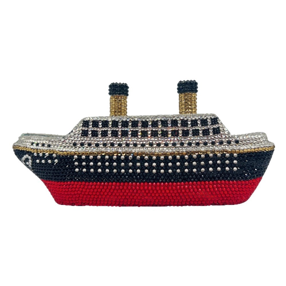 Bolsa de cristal transfronteriza con perforación completa cena ligera de lujo barco de vapor fondo plano perforación banquete portátil bolso de mano de mujer negro rojo