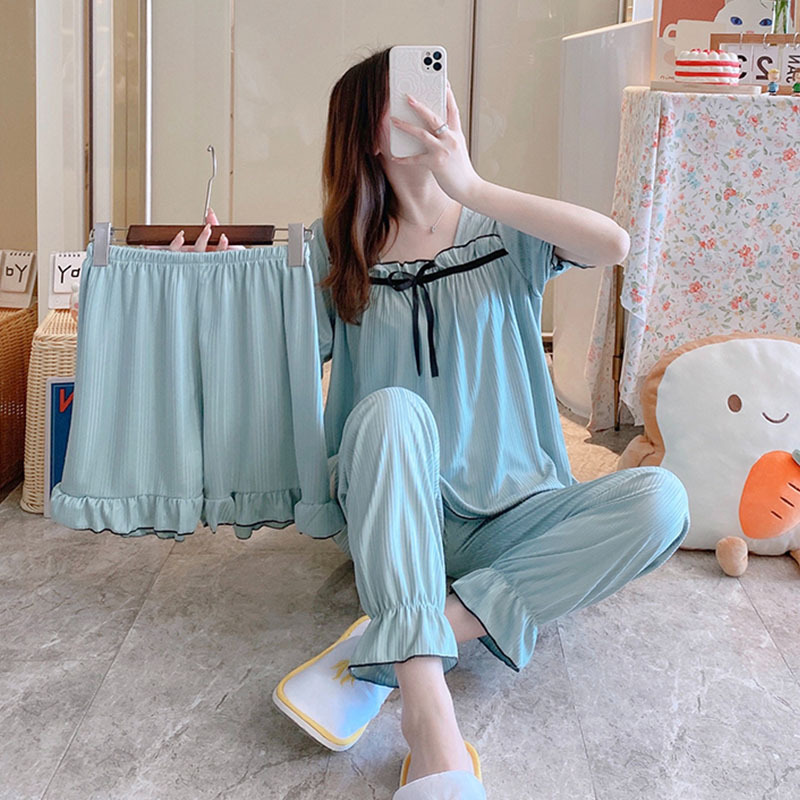 2023 pijamas traje de tres piezas de verano para niñas color sólido coreano dulce lindo verano Delgado estilo ins ropa para el hogar