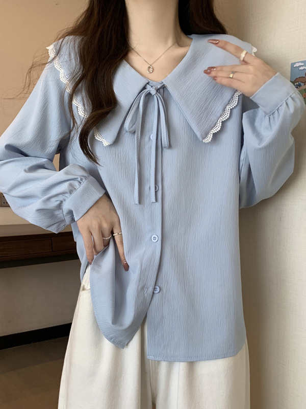 大码法式娃娃领衬衫女春秋季高级感气质减龄白色衬衣长袖上衣胖mm|undefined