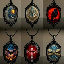 热销跨境 复古椭圆形玻璃合金吊坠项链批发 欧美饰品