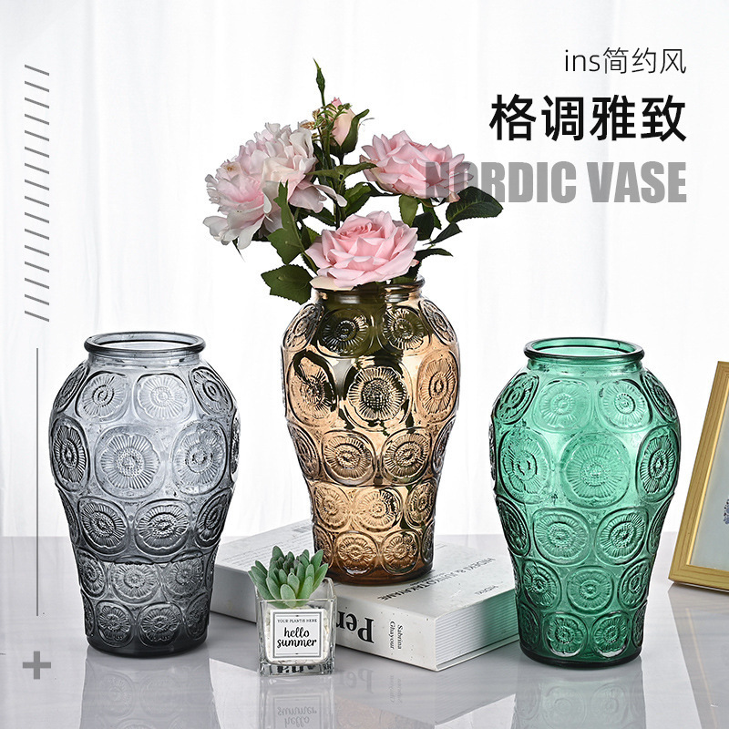 新款中式复古浮雕梅花罐玻璃花瓶ins高级感轻奢花瓶客厅插花装饰