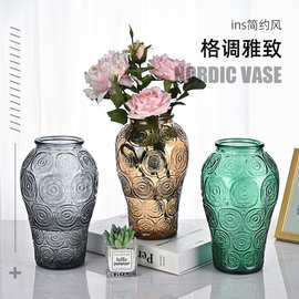 新款中式复古浮雕梅花罐玻璃花瓶ins高级感轻奢花瓶客厅插花装饰