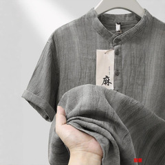 高級亜麻立襟半袖tシャツ男性夏薄い中国風ゆるい上着レトロ半袖tシャツ