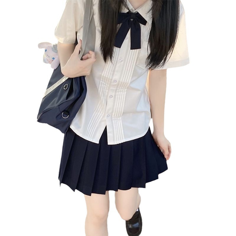 오리지널 아코디언 플리츠 반팔 기본 셔츠 유니폼 봄, 여름 여성 작은 흰색 셔츠 느슨한 일본 여름