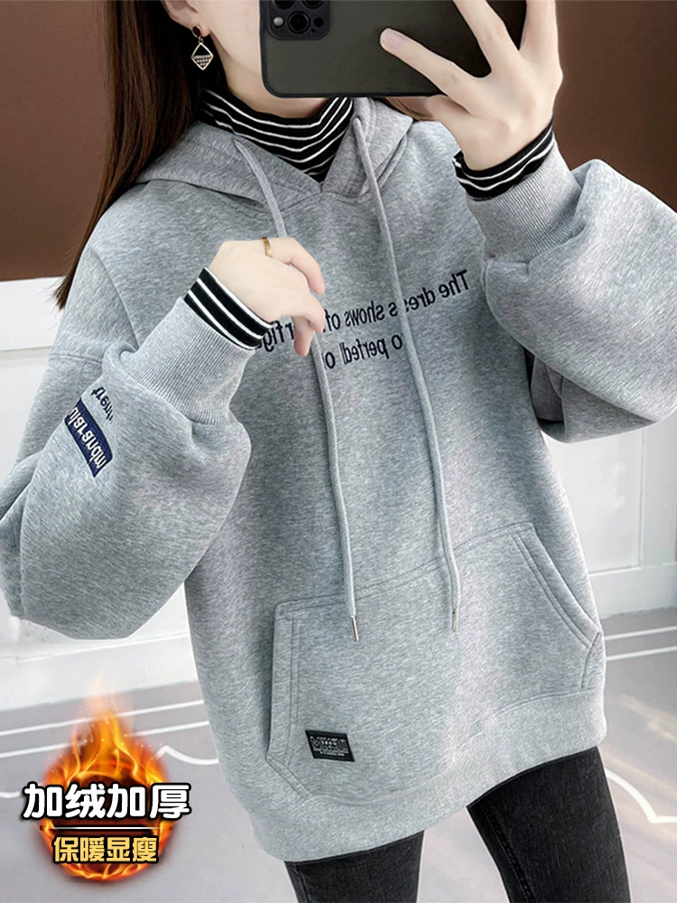 Осенне-зимняя женская толстовка на флисовой подкладке, средней длины, из искусственного материала, состоящая из двух частей, утолщенная на зиму 2024 года, новый модный модный стиль.