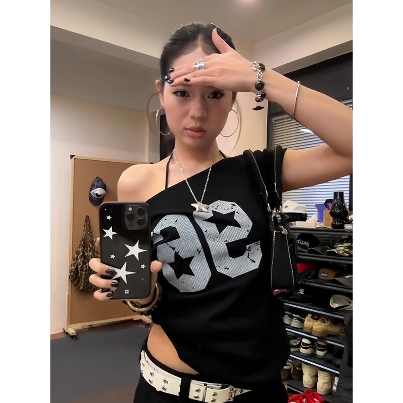 American Sexy Jersey Style Slanted Shoulder T-Shirt Women's Summer Digital Printing Slim Short-Sleeved Black Trendy Brand Off-Shoulder Top