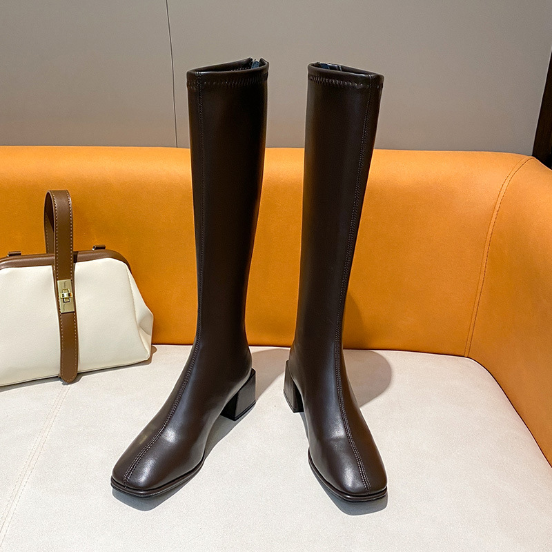 Chevalier en cuir véritable pour femme, nouvelle longueur aux genoux avec manches à talons hauts, bottes élastiques et fines, automne-hiver 2024_voghion.com