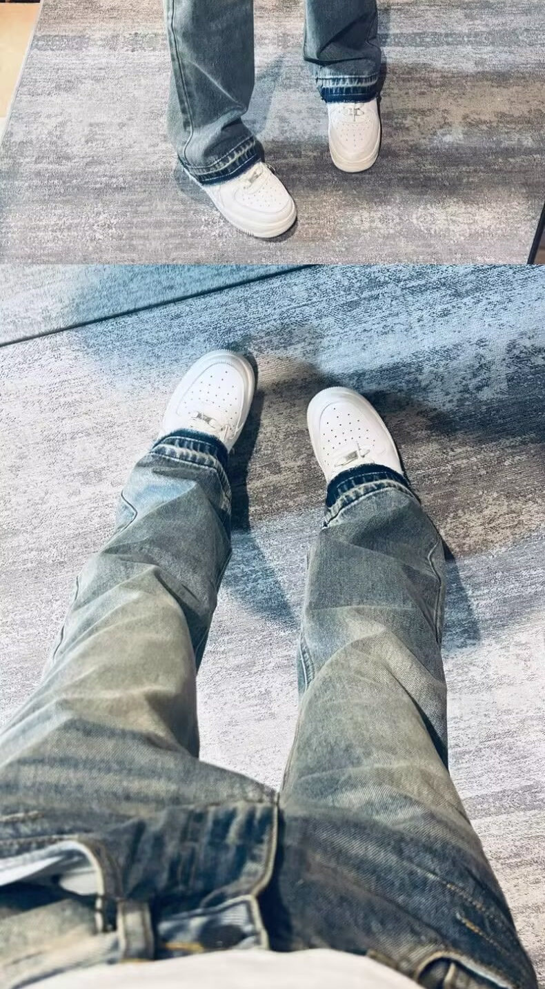 Teen Washed Denim Jeans American Style Summer Trendy Unisex High Street Loose Straight Leg Pants mid Waist Blue Long Non-Stretch_mkmklike.com