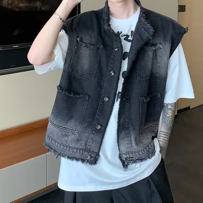 Korean style trendy gradient washed frayed denim vest jacket for men, casual loose fit, fashionable lapel layered top.