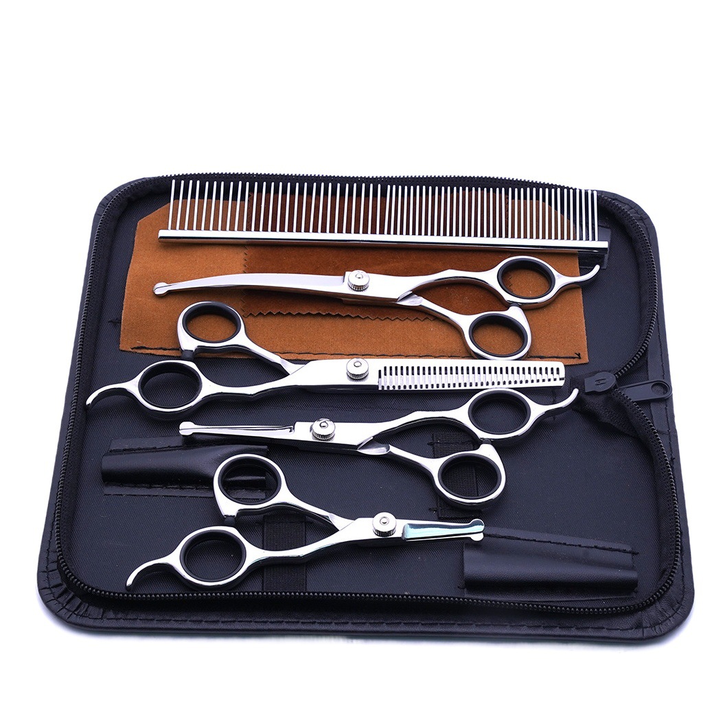 Venta directa transfronteriza tijeras de belleza para mascotas tijeras de corte de pelo de perro tijeras curvadas tijeras de corte de pelo de mascota profesional tijeras de dientes finos traje