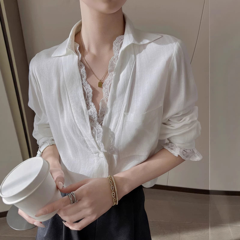 White V-Neck Lace Patchwork Long-Sleeve Shirt for Women, Autumn 2026 New Style, Age-Reducing Fashion High-End Top White V-Neck Lace Patchwork Long-Sleeve Shirt for Women, Autumn 2026 New Style, Age-Reducing Fashion High-End Top