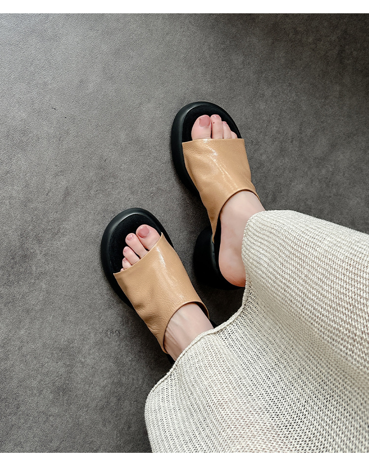 Dép lê nữ da cừu đế dày 7 cm, sandal hở mũi tăng chiều cao — đen chi tiết 11