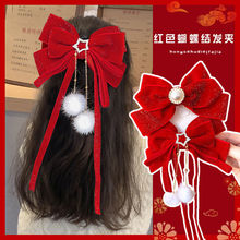 金丝红绒蝴蝶结飘带儿童发夹韩国女童公主发饰宝宝新年发卡顶夹