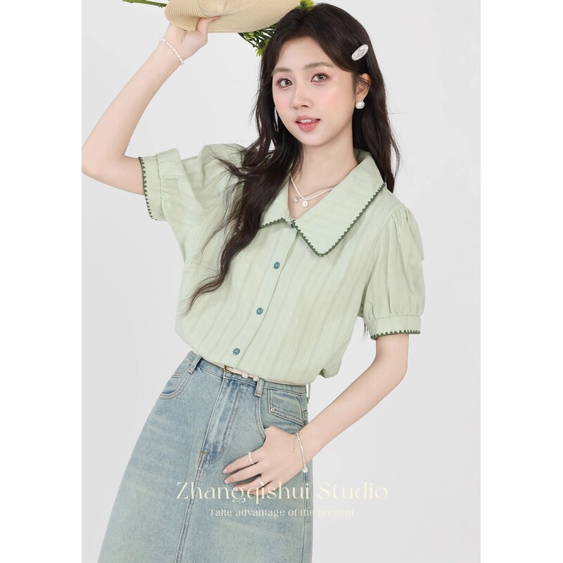 Summer New Green Doll Collar Short Sleeve Cotton Shirt Women's Loose Elegant Shoulder Top Fresh Shirt A3772 Summer New Green Doll Collar Short Sleeve Cotton Shirt Women's Loose Elegant Shoulder Top Fresh Shirt A3772