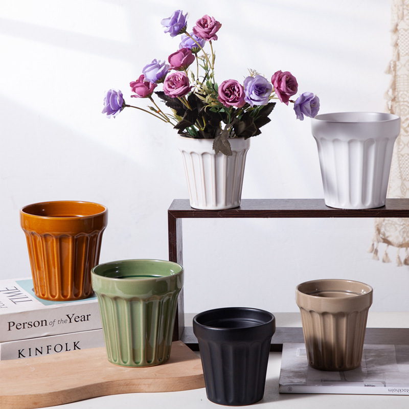Glazed Kiln Change Flower Pot Green Creative Phalaenopsis Ceramic Potted Plant Nordic High Sense Sweet Tube Flower Vase Wholesale