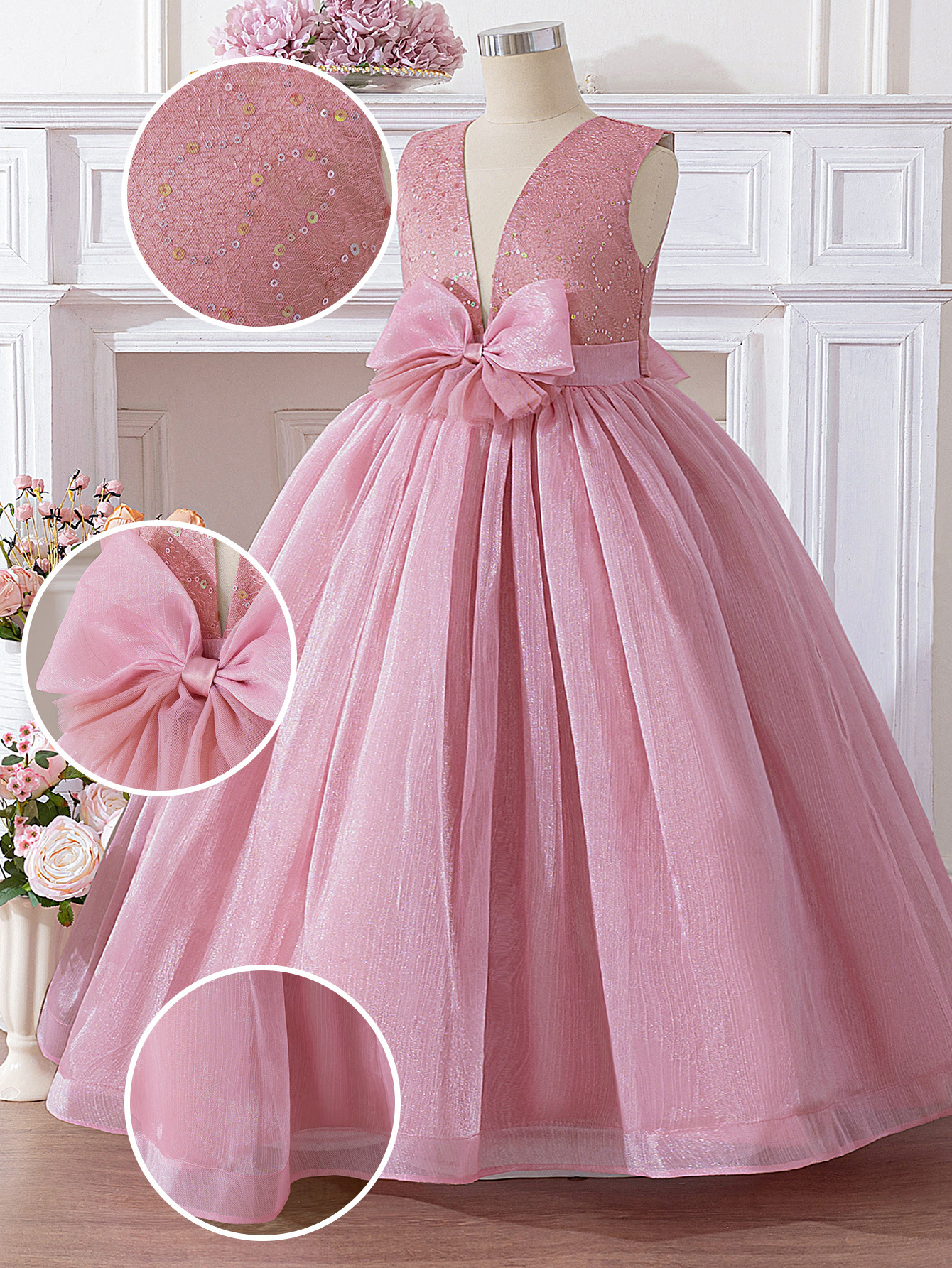 Nuevo vestido de princesa para niñas, falda de tutú de malla de viento dulce, vestido de lentejuelas con cuello en V profundo, vestido de fiesta de cumpleaños, vestido de noche
