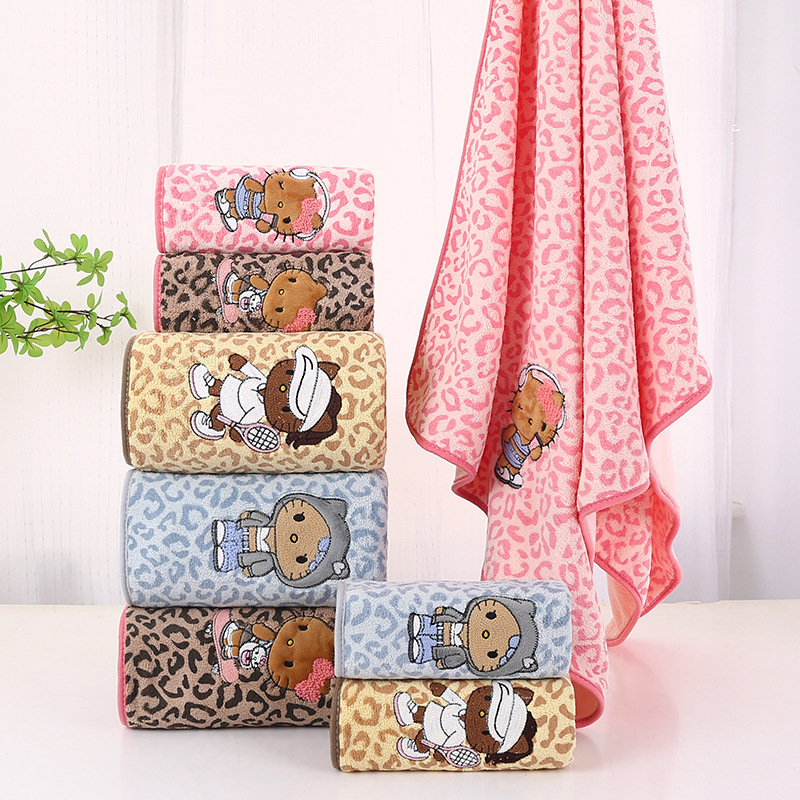 Cross-Border Kitty Leopard Print Towel Bath Towel Thickened Coral Absorbent Quick-Dry Face Wash Towel for Home Use Soft and Cute for Men and Women