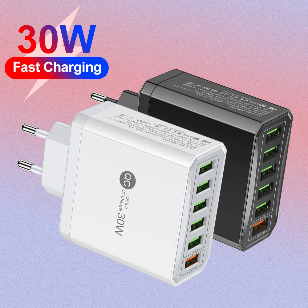 6-портовое QC3.0 зарядное устройство для мобильных, многопортовая быстрая зарядка, 30W, европейская/американская/британская/корейская вилка