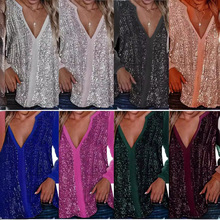 亚马逊速卖通爆款双层亮片V领长袖宽松套头纯色优雅衬衫