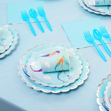 美人鱼主题派对纸盘餐盘 烫银花边一次性派对餐具 生日场地布置