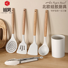 白いシリカゲル木柄調理器具セット食品級耐高温断熱鍋シャベルスプーン滑り止め食べ物クリップ