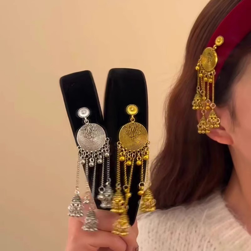 高级感复古做旧苗疆少女发箍新中式流苏铃铛吊坠头箍高颅顶发饰