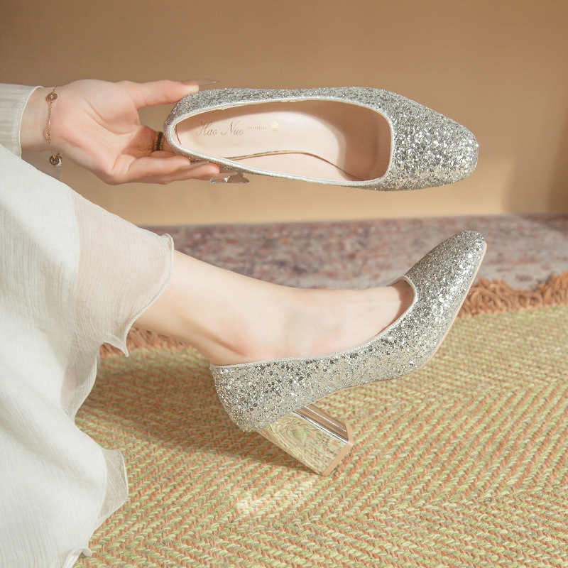 Jinbukang small wedding shoes crystal shoes main wedding dress new bridesmaid champagne high heels women's square head thick heel bride Jinbukang small wedding shoes crystal shoes main wedding dress new bridesmaid champagne high heels women's square head thick heel bride