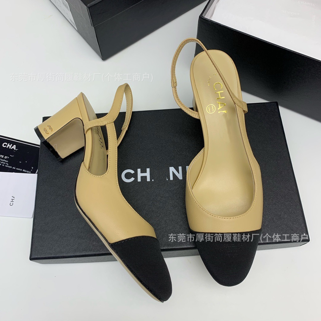 Genuine leather Chanel-style women's shoes, 2026 spring collection, versatile color-blocked high-heeled closed-toe sandals with chunky heels, nude-colored Chanel-style women's shoes
