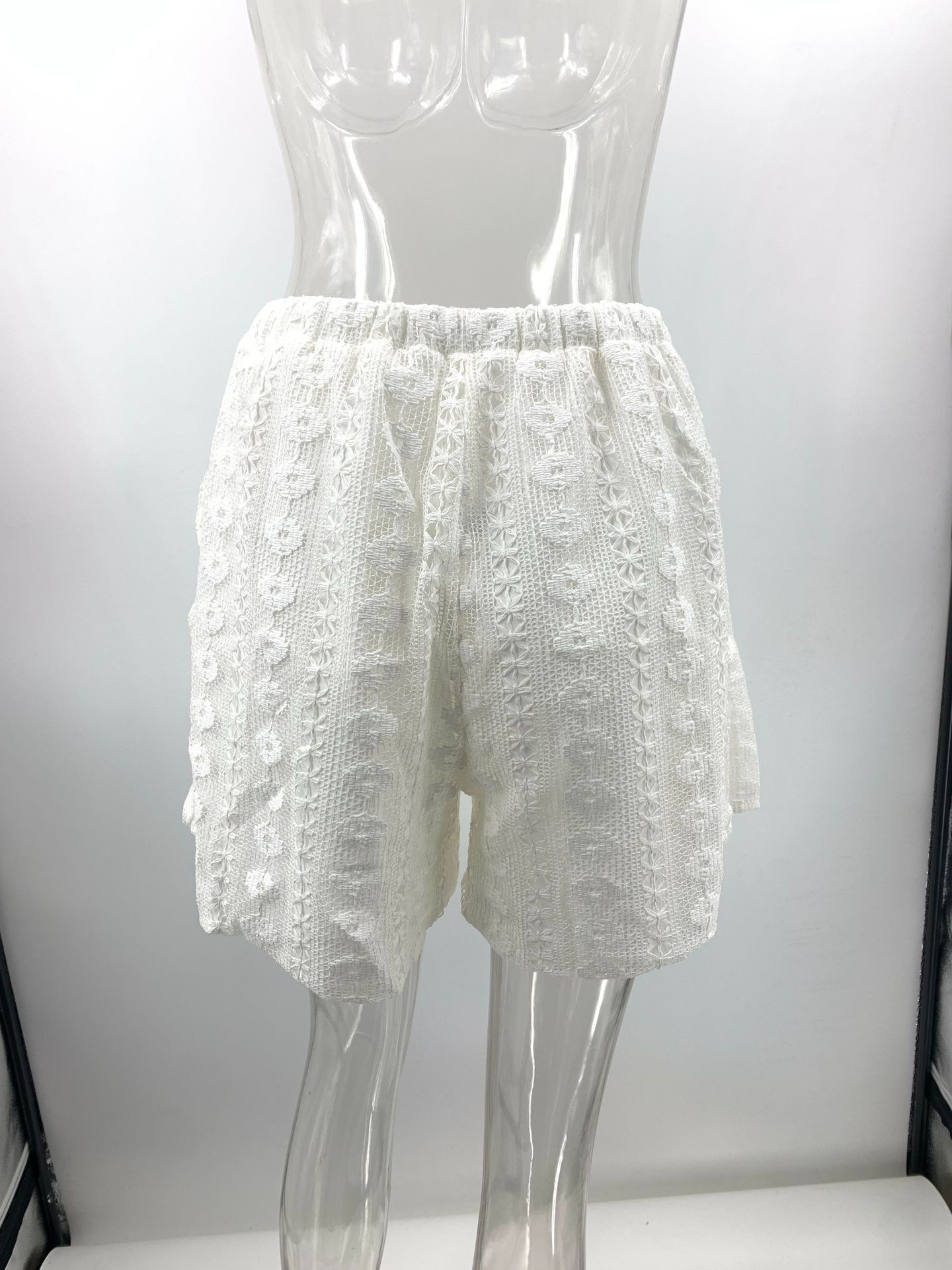 Casual White Lace Hollow Out Cutout Short Sleeve Cardigan Shorts Two Piece Set