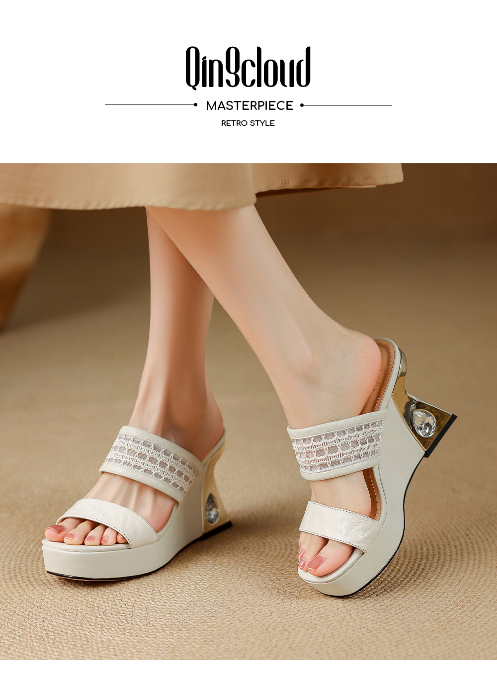 Sandal cao gót nữ đế xuồng mũi vuông đính đá quai ngang — màu đen, màu trắng ngà chi tiết 1