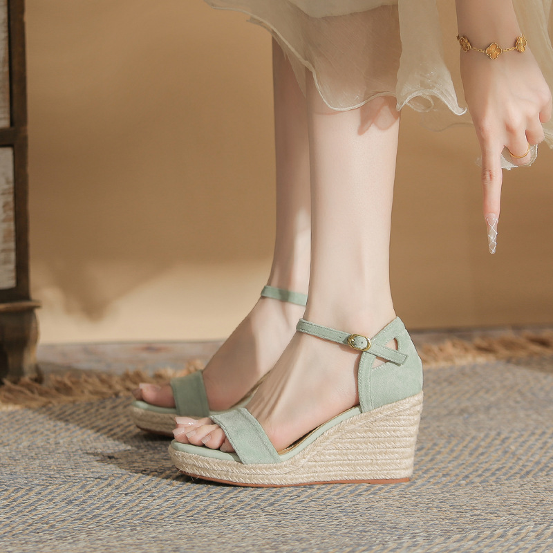 Sandal nữ gót xuồng cao đế dày hở mũi quai đan dây thừng — Xanh lá cây nhạtcolor