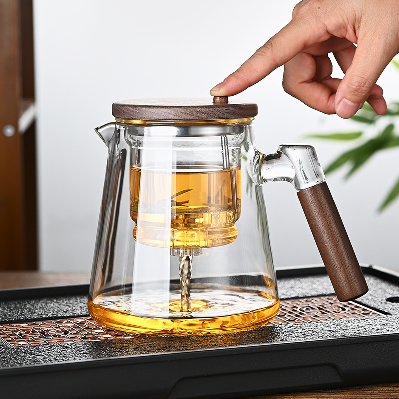 全玻璃内胆侧把胡桃木茶水分离过滤泡茶杯家用冲茶器飘逸杯泡茶壶